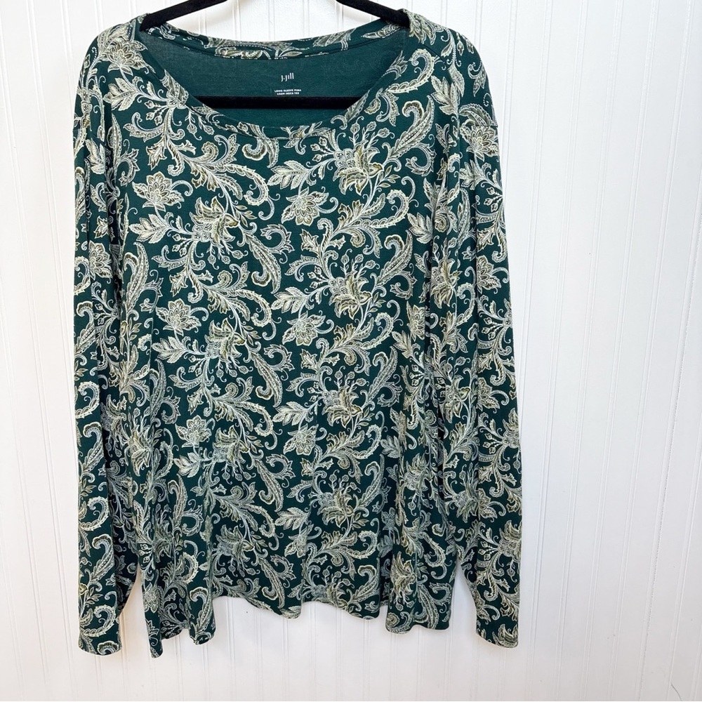 J. Jill Dark Green Paisley Floral Long Sleeve Pima Cotton Crewneck Tee Size 3X